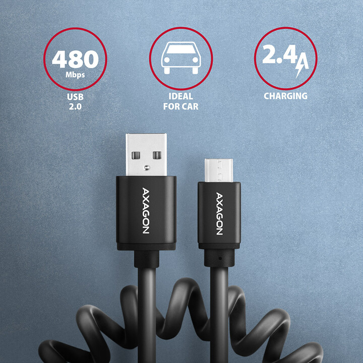 AXAGON kabel USB-A - microUSB TWISTER USB2.0, 2.4A, kroucený, 0.6m, černá_694580164