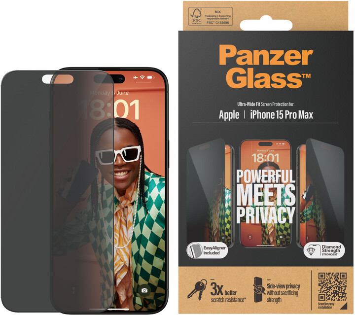 PanzerGlass ochranné sklo Privacy pro Apple iPhone 15 Pro Max s instalačním rámečkem_1835210392