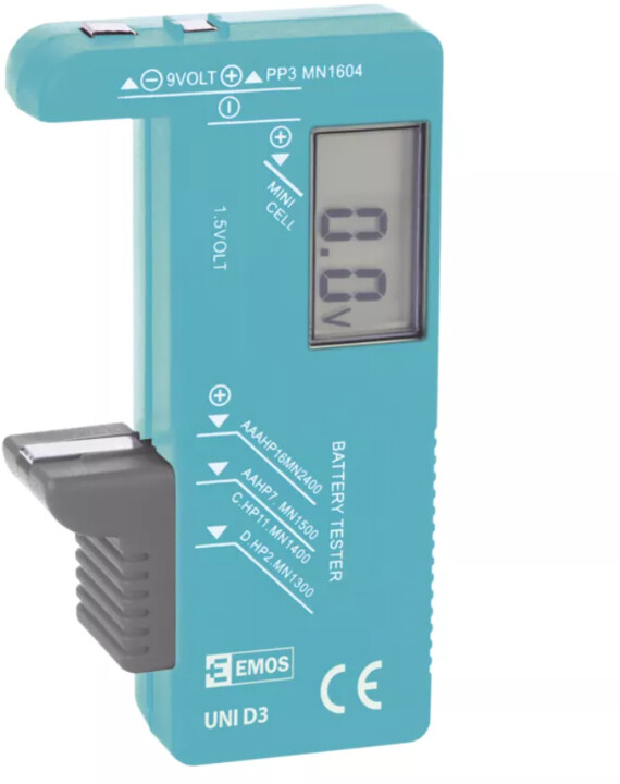 Emos tester baterií UNI D3 - AA, AAA, C, D, 9V a knoflíkové, LCD displej_1881256347