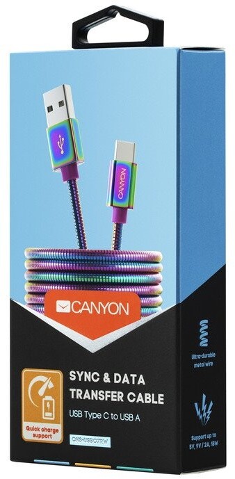 Canyon kabel Type C USB 2.0, output 5V/9V 2A, OD 3.8mm, kovový plášť, 1,2m, duhová_1710540115