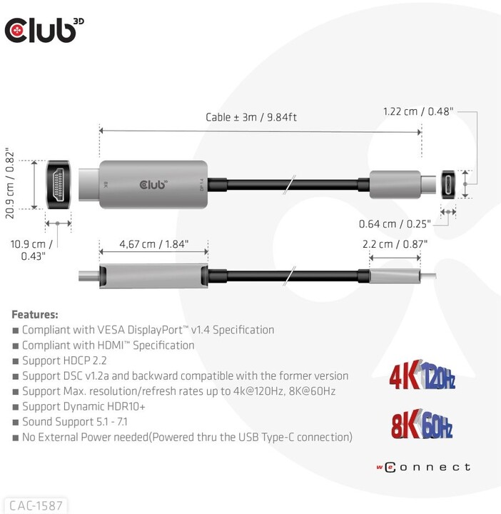 Club3D kabel USB-C - HDMI, 4K120Hz 8K60Hz HDR10 s DSC1.2, M/M, 3m_1534139489