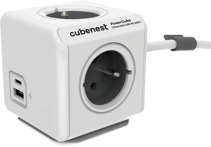 Cubenest PowerCube Extended prodlužovací přívod 1,5m, 4 zásuvky + USB A+C PD 20 W, šedá_728212335