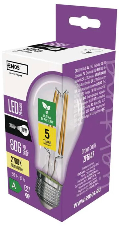 Emos LED žárovka Filament 3,8W (60W), 806lm, E27, teplá bílá_1684167195