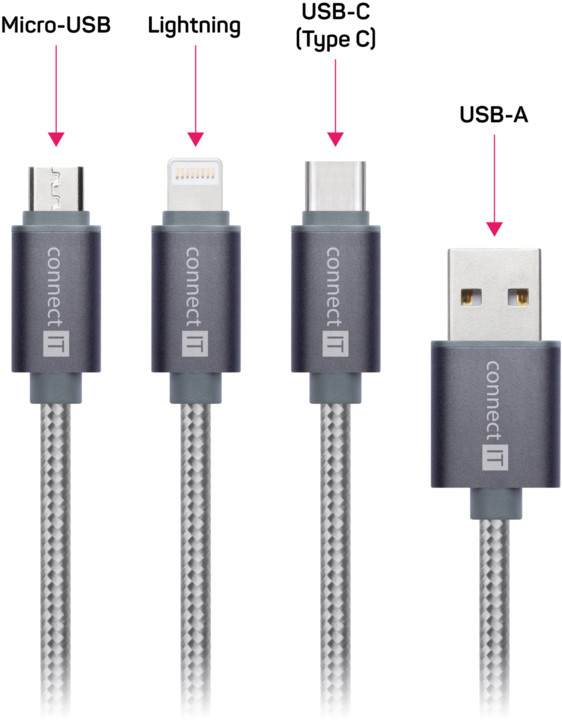 CONNECT IT Wirez 3in1 USB-C &amp; Micro USB &amp; Lightning, silver gray, 1,2 m_386557684
