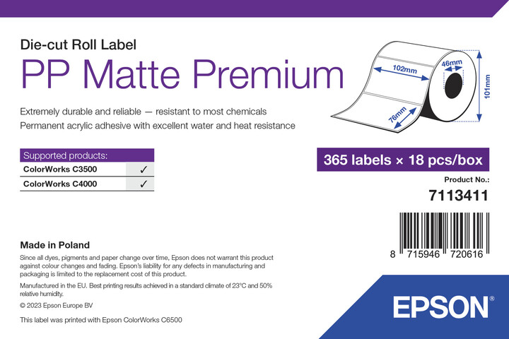 Epson ColorWorks štítky pro tiskárny, PP Matte Label Premium, 102x76mm, 365ks_1204744157