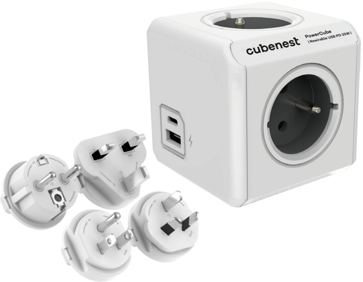 Cubenest PowerCube Rewirable rozbočka, 4 zásuvky + USB A+C PD 20 W, 4 světové koncovky, šedá_282567913