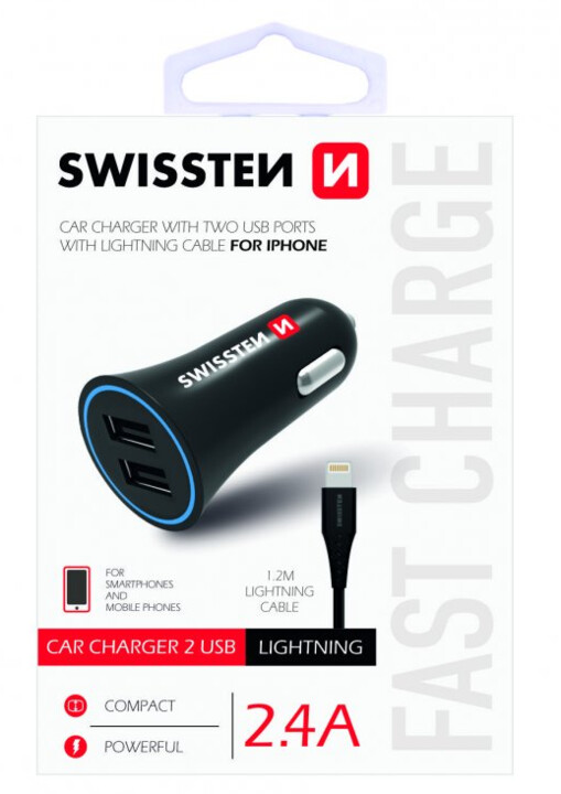 SWISSTEN autonabíječka 2,4A Power s 2x USB + kabel lightning_652994080