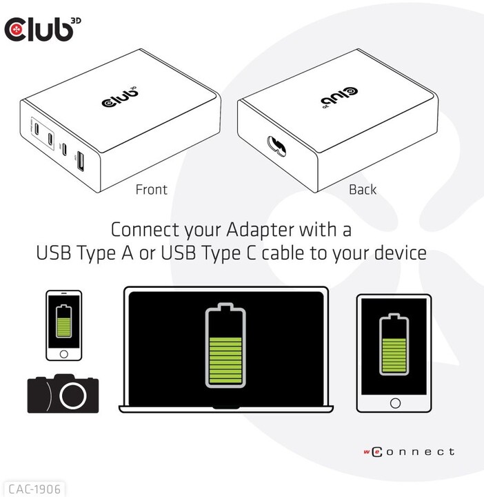 Club3D síťová nabíječka, GAN technologie, 4xUSB-A a USB-C, PD 3.0 Support, 132W , černá_1226352251