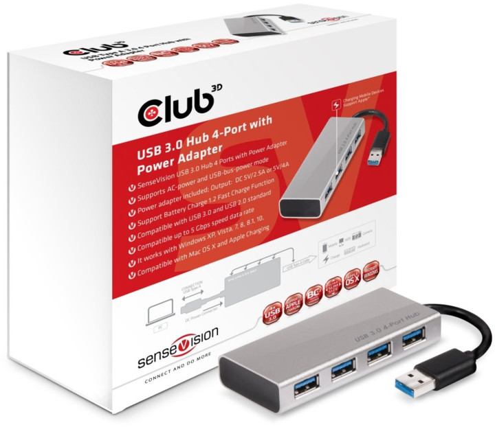 Club3D USB hub CSV-1431 USB 3.0 Type A na 4x USB Type A, hliníkové tělo, napájecí apdatér_1108404584