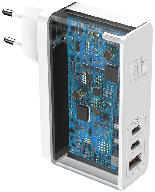 Baseus síťová nabíječka GaN2, 2xUSB-C, USB-A, 120W, bílá + USB-C kabel, 100W_155738307