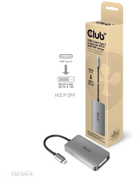 Club3D adaptér USB-C 3.2 Gen1 - DVI-D (Dual Link), M/F, aktivní, HDCP OFF, 24.5cm, stříbrná_326986485