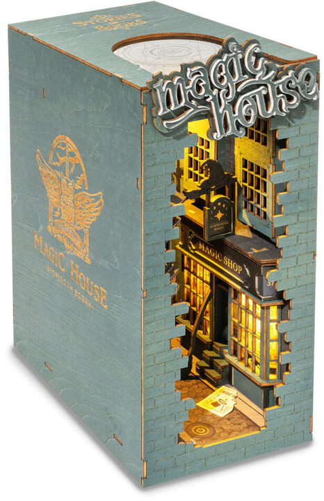 Stavebnice RoboTime miniatura domečku Kouzelnická ulička, zarážka na knihy, dřevěná, LED_668500489