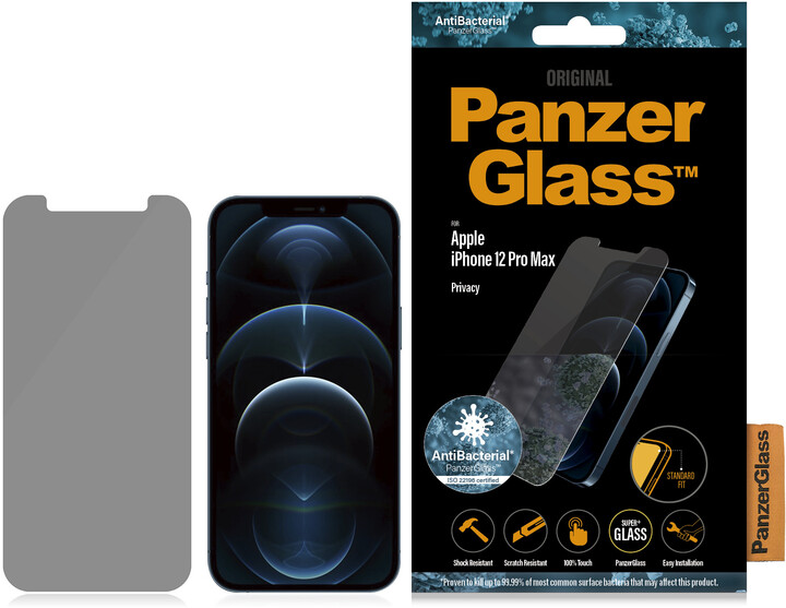 PanzerGlass ochranné sklo Standard Privacy pro iPhone 12 Pro Max, antibakteriální, 0.4mm, čirá_122519290