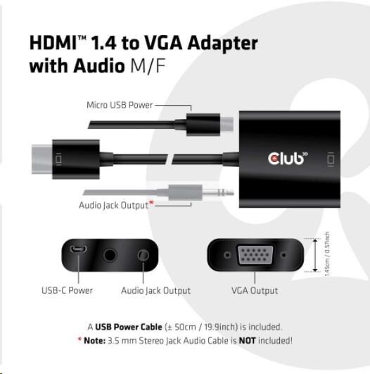 Club3D adaptér HDMI 1.4 - VGA, M/F, 4K@60Hz, aktivní, audio, 24cm, černá_2112842912