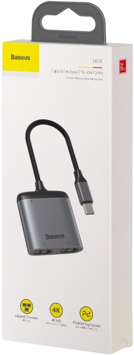 Baseus Enjoy adaptér USB-C samec/2x 4K HDMI samice + USB-C PD samice, šedá_2093108408