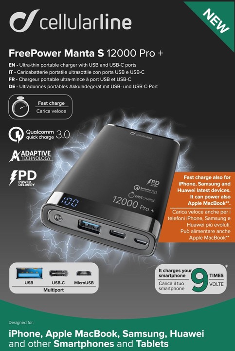 CellularLine powerbanka FREEPOWER MANTA PRO+ 12000mAh, USB-C + USB port, Quick Charge 3.0, černá_1164062613