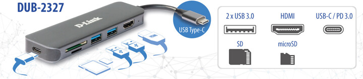 D-Link DUB-2327, USB 3.0 Gigabit Adaptér, 2x USB 3.0, 1x HDMI, 1x USB-C_2001372520