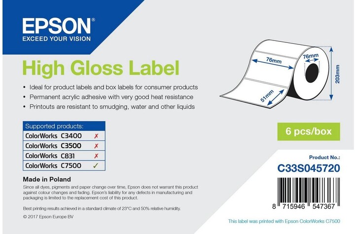 Epson ColorWorks role pro pokladní tiskárny, High Gloss, 76x51mm, 2310ks_278161207