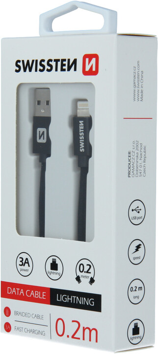 SWISSTEN datový kabel USB - Lightning, M/M, 3A, opletený, 0.2m, černá_1194198020