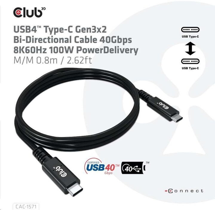 Club3D kabel USB-C Gen3x2 (USB4), M/M, USB 4.0, 8K@60Hz, 40Gbps, PD, 100W, 0.8m , černá_2105890359