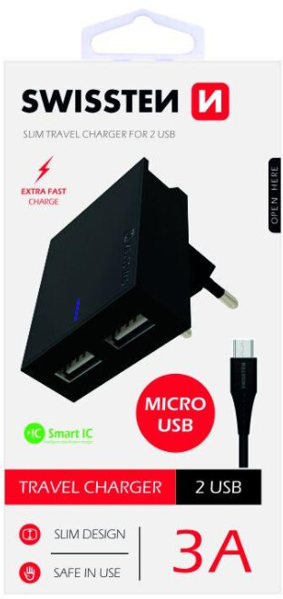 SWISSTEN síťový adaptér SMART IC, CE 2x USB 3 A Power + datový kabel USB/Micro USB 1,2m, černá_200793631