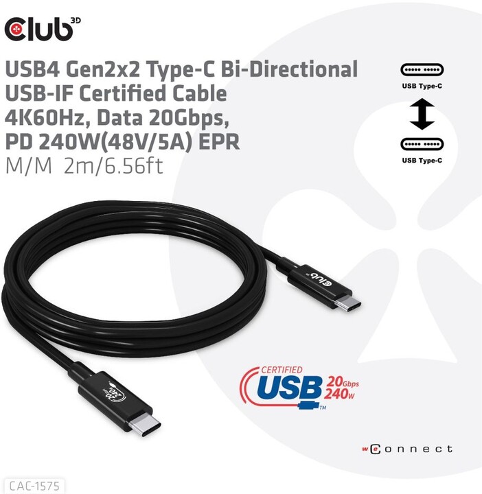 Club3D kabel USB-C, Data 20Gbps, PD 240W(48V/5A) EPR, M/M, 2m_1119062106