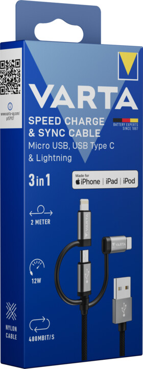 VARTA kabel 3v1 USB-A - Lightning/microUSB/USB-C, 12W, 2m_1339769909