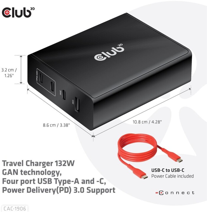Club3D síťová nabíječka, GAN technologie, 4xUSB-A a USB-C, PD 3.0 Support, 132W , černá_1113848188