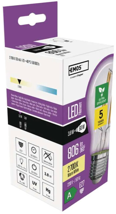 Emos LED žárovka Filament 3,8W (60W), 806lm, E27, teplá bílá_74024678
