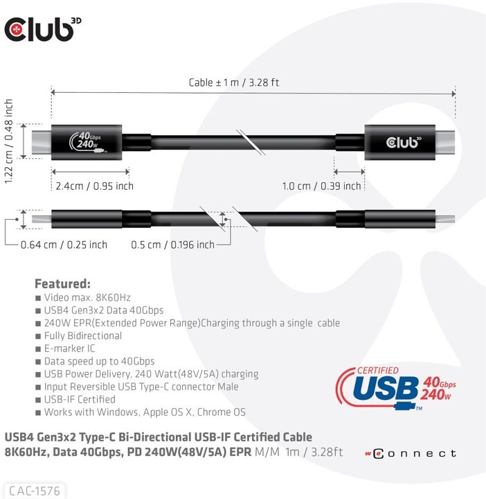 Club3D kabel USB-C, Data 40Gbps, PD 240W(48V/5A) EPR, M/M, 1m_1655605190