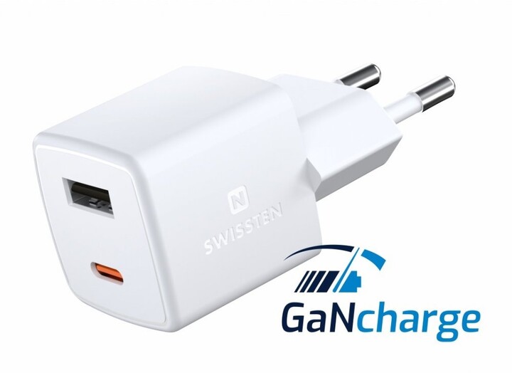 SWISSTEN síťový adaptér GaN, USB-A, USB-C, PD, QC, 30W, bílá_332589488