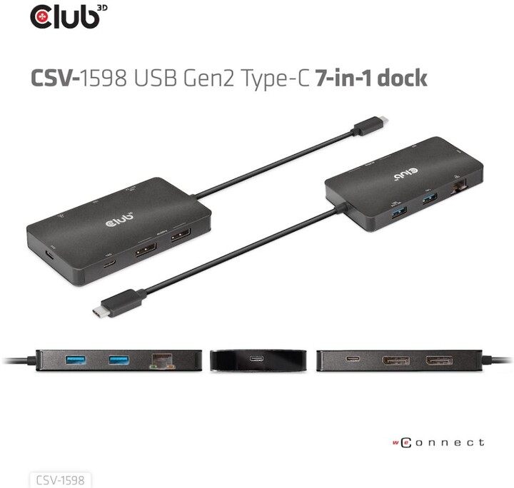 Club3D dokovací stanice USB Gen2 Type-C na Dual DisplayPort 4k60Hz 7-in-1 Portable Dock_7954323