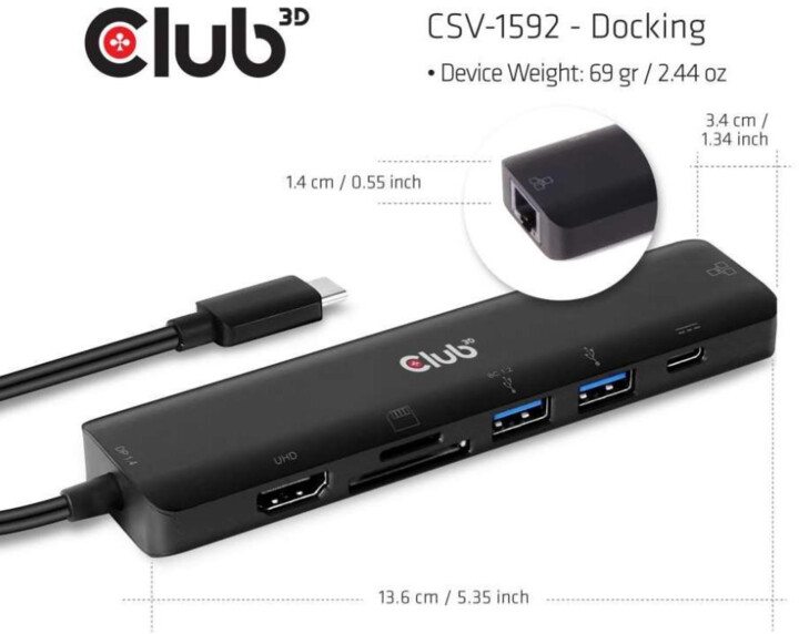 Club3D hub USB-C 3.2 Gen1 7in1, HDMI, USB-C PD, 2xUSB-A, SD, RJ45, 4K60Hz, 14cm, černá_183435660