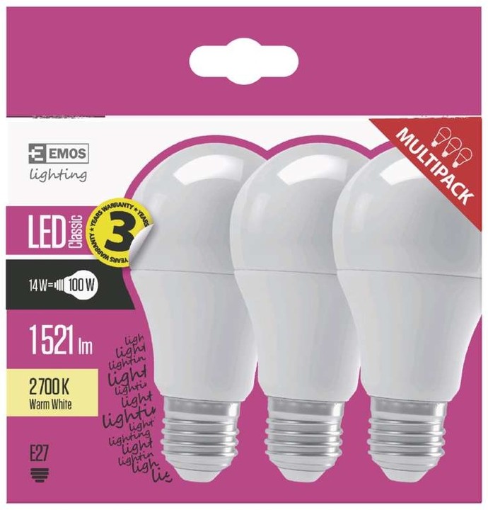Emos LED žárovka Classic A60 14W E27 3 ks, teplá bílá_2095403565