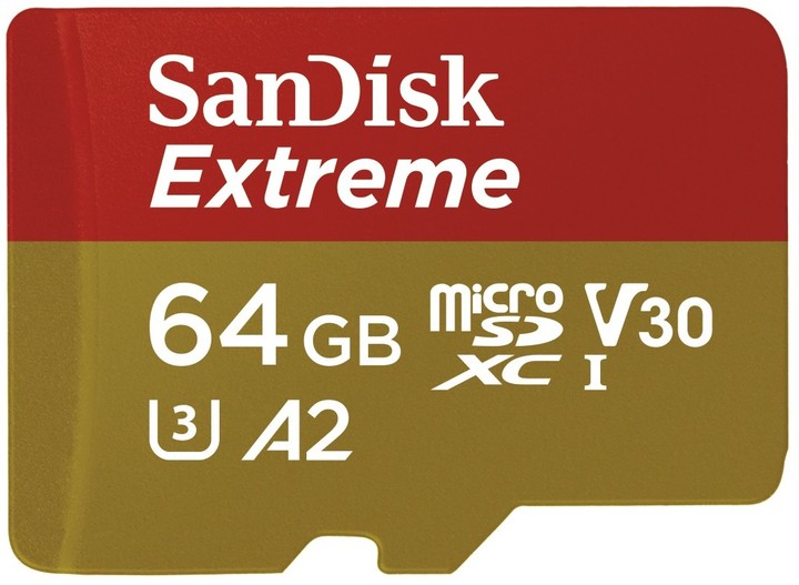 SanDisk Micro SDXC Extreme 64GB 160MB/s A2 UHS-I U3 V30 pro akční kamery + SD adaptér