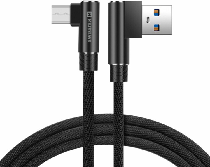 SWISSTEN datový kabel Arcade USB-A - microUSB, M/M, 3A, zahnutý konektor 90°, opletený, 1.2m, černá_1031541685