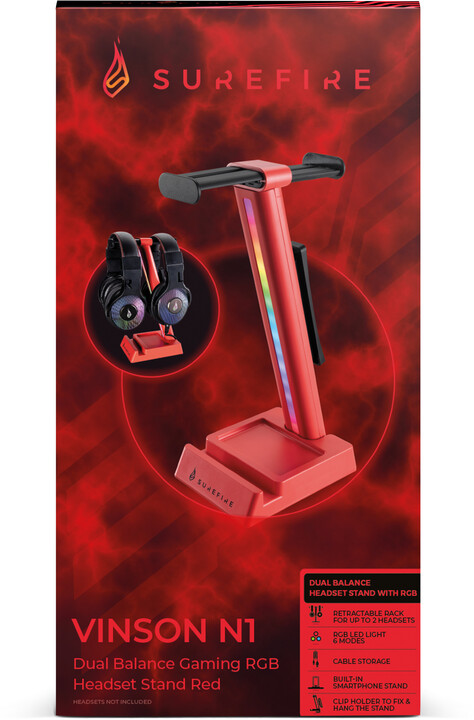 Držák sluchátek Surefire Vision N1, RGB, herní, červená_1913686187