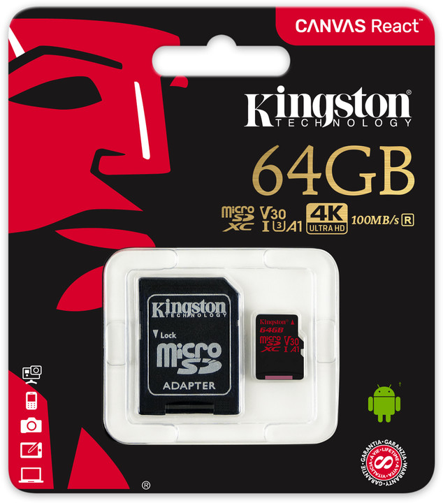 Kingston Micro SDXC Canvas React 64GB 100MB/s UHS-I U3 + SD adaptér_1990217191