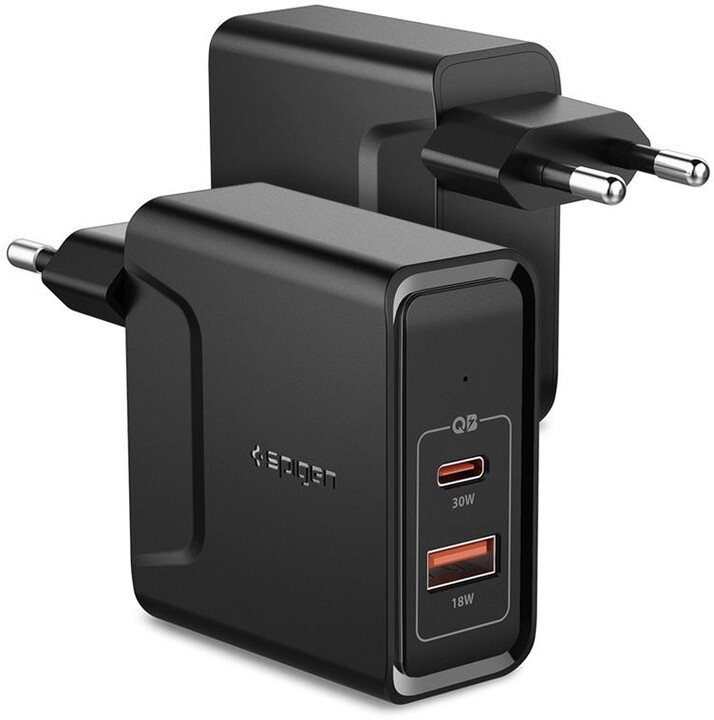Spigen síťová nabíječka PowerArc ArcStation F211, USB-C PD 3.0, USB-A, 30W/18W, černá_1378690657
