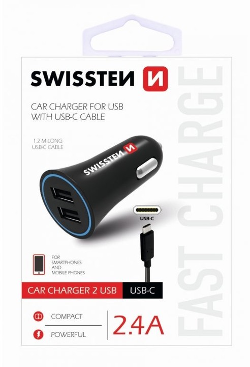 SWISSTEN autonabíječka 2,4A Power s 2x USB + kabel USB-C_394683031