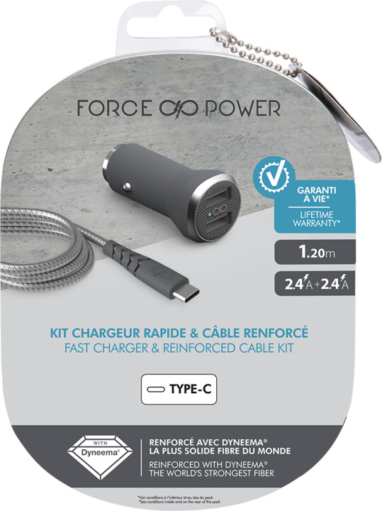BigBen Force Power USB nabíječka do auta + kabel USB-C/USB-A, šedá_2062791303