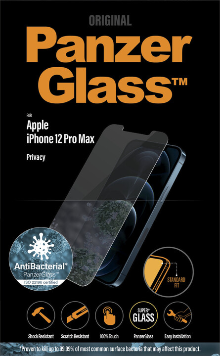 PanzerGlass ochranné sklo Standard Privacy pro iPhone 12 Pro Max, antibakteriální, 0.4mm, čirá_2062383958
