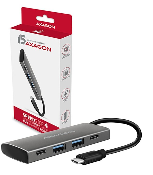 AXAGON hub USB-C 3.2 Gen2, 2xUSB-A, 2xUSB-C, 10Gbps, 3A/5V, stříbrná