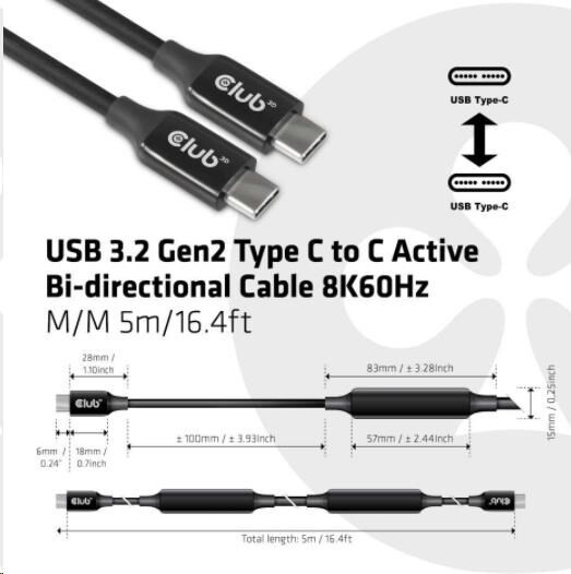 Club3D kabel USB-C 3.2 Gen2, M/M, 8K@60Hz, 5m, černá_1518282869