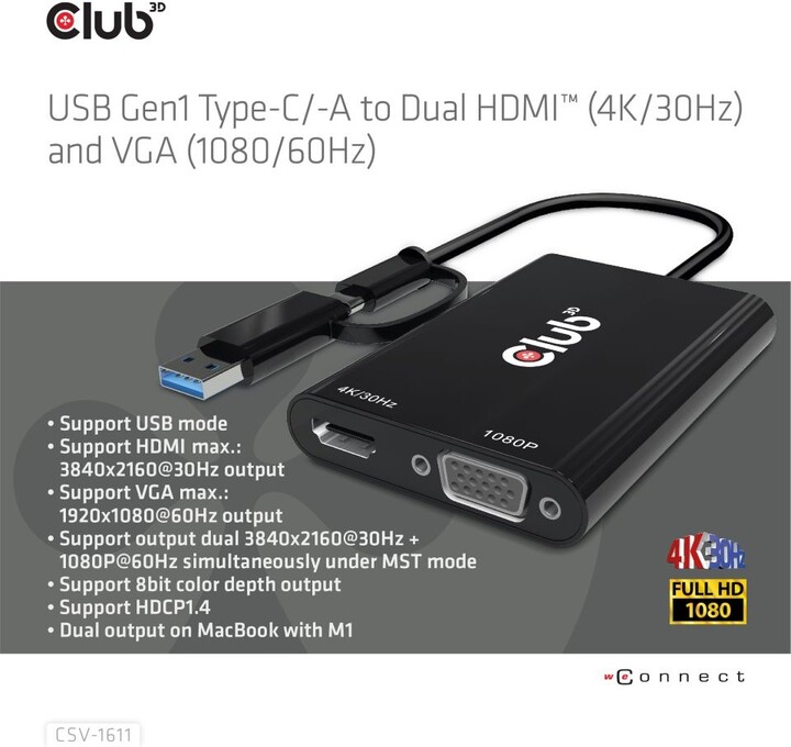Club3D adaptér USB Gen1 Type-C/-A to Dual HDMI (4K/30Hz) / VGA (1080/60Hz)_1037417591