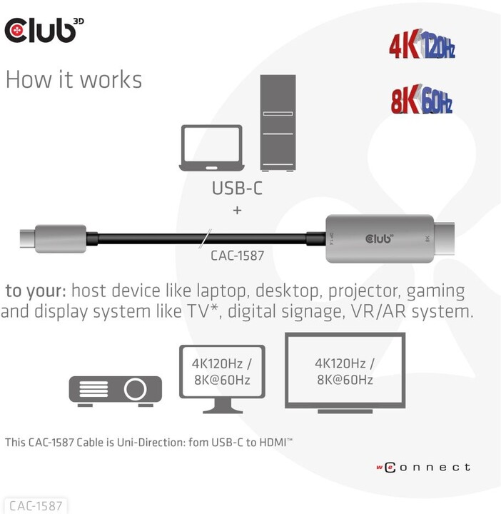 Club3D kabel USB-C - HDMI, 4K120Hz 8K60Hz HDR10 s DSC1.2, M/M, 3m_1644481431