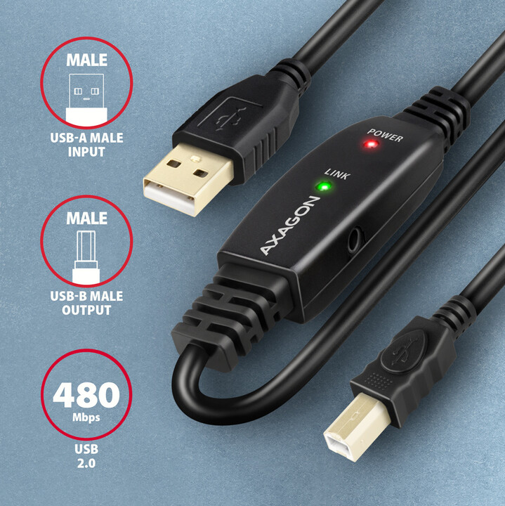 AXAGON ADR-220B USB2.0, A-M-&gt;B-M, aktivní prodlužka/repeater kabel 20m_1107312608