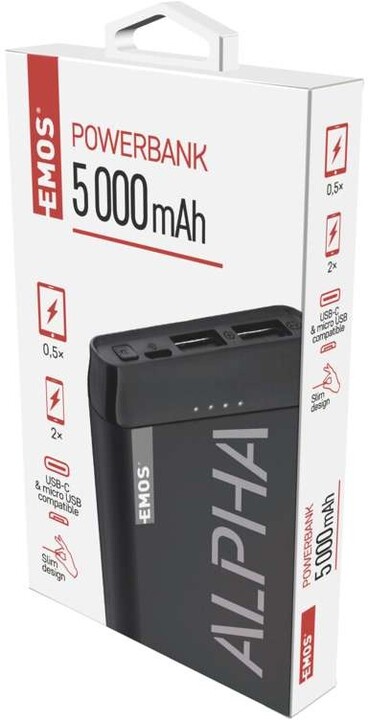Emos Alpha 5 powerbanka, 5000 mAh + kabel USB-C, černá_349433738