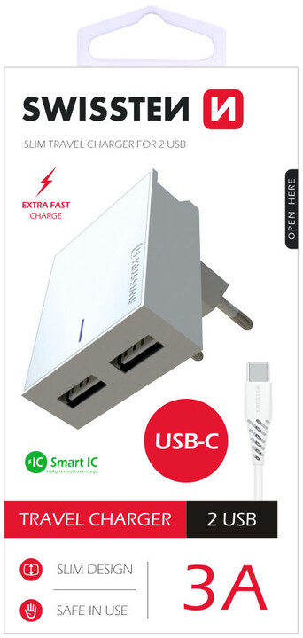 SWISSTEN síťový adaptér SMART IC, CE 2x USB 3 A Power + datový kabel USB/Type C 1,2m, bílá_1260495356