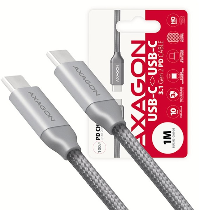 AXAGON PD 100W kabel USB-C - USB-C 3.2 Gen 2, 1m, 5A, oplet, šedý_412731742